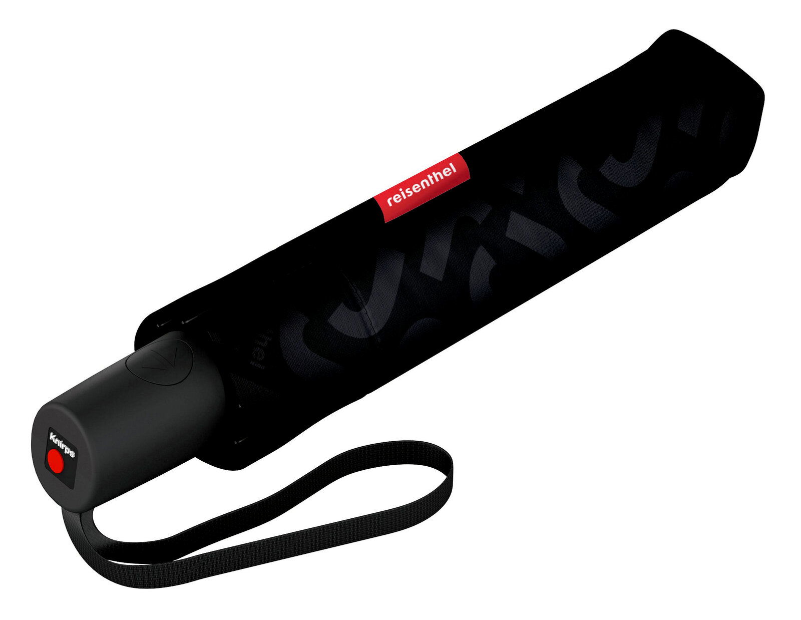 Schwarzer, kompakter Regenschirm mit rotem Logo, seitliche Perspektive