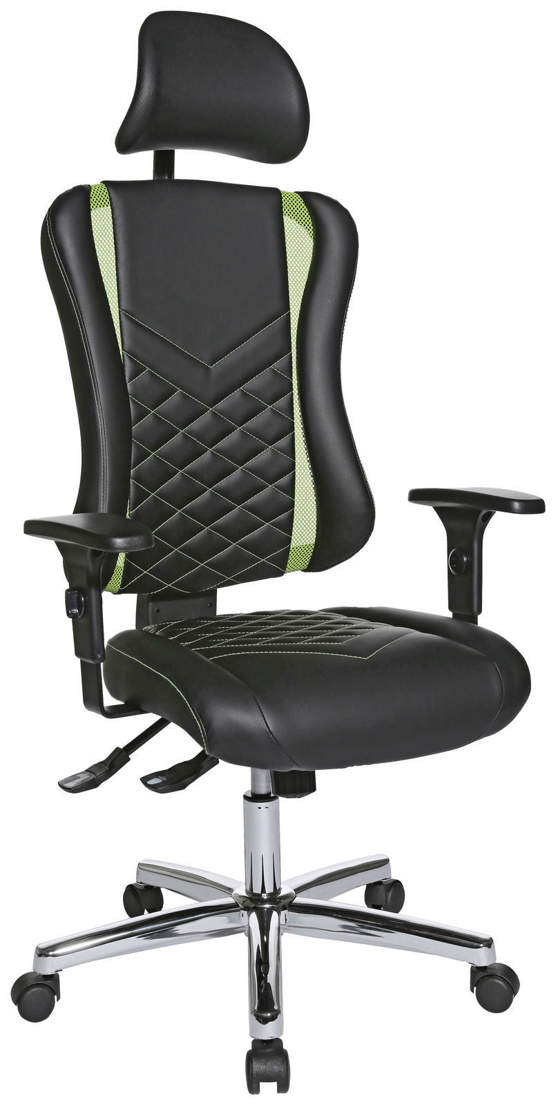 Dieter Knoll Gaming Stuhl GAMING CHAIR Schwarzer Gaming Stuhl mit grünen Akzenten, verstellbaren Armlehnen und Kopfstütze, Vorderansicht