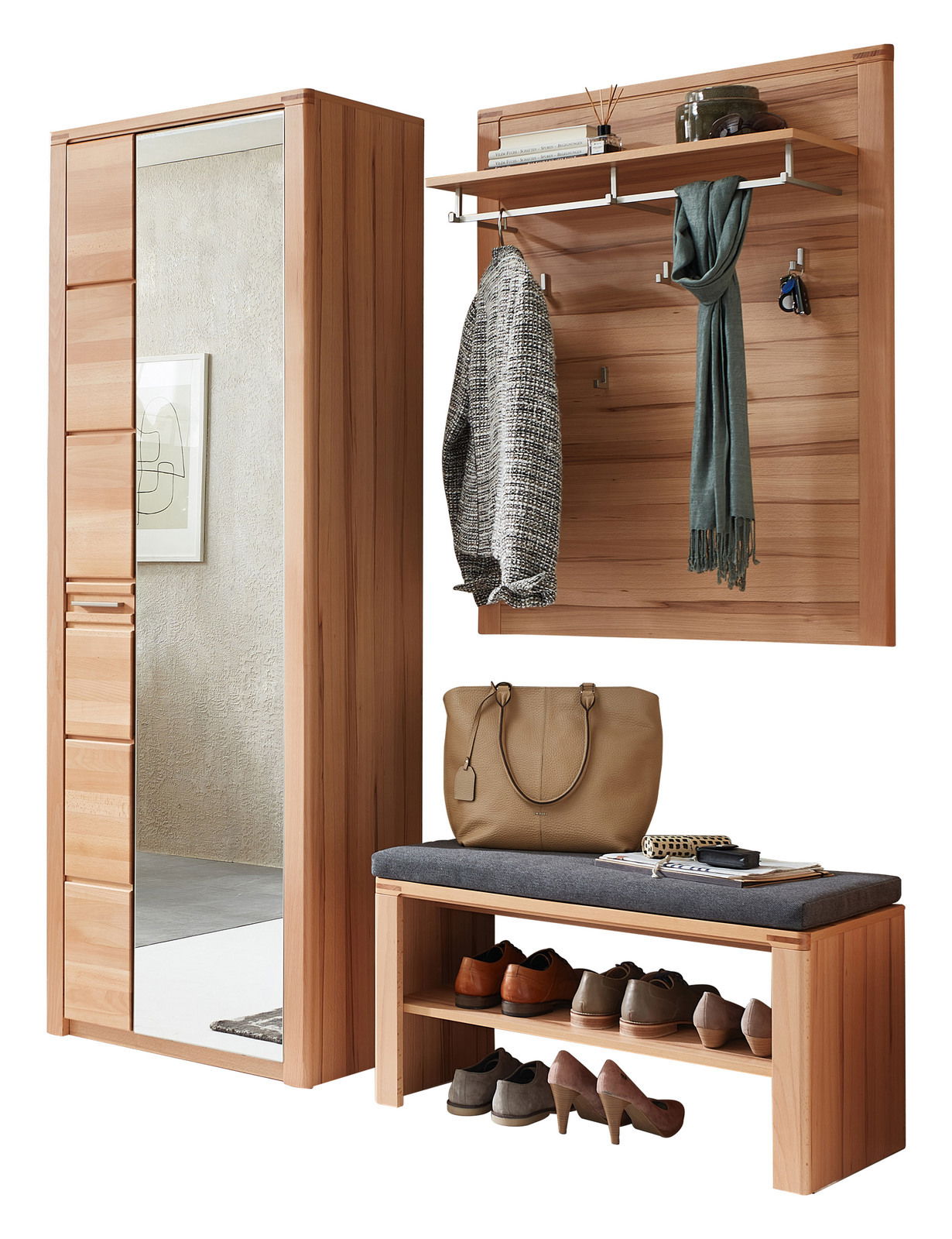 Linea Natura Garderobenkombination 1 NATURE ONE Garderobenkombination aus Holz mit Spiegel, Kleiderhaken, Ablage und Sitzbank, seitliche Perspektive