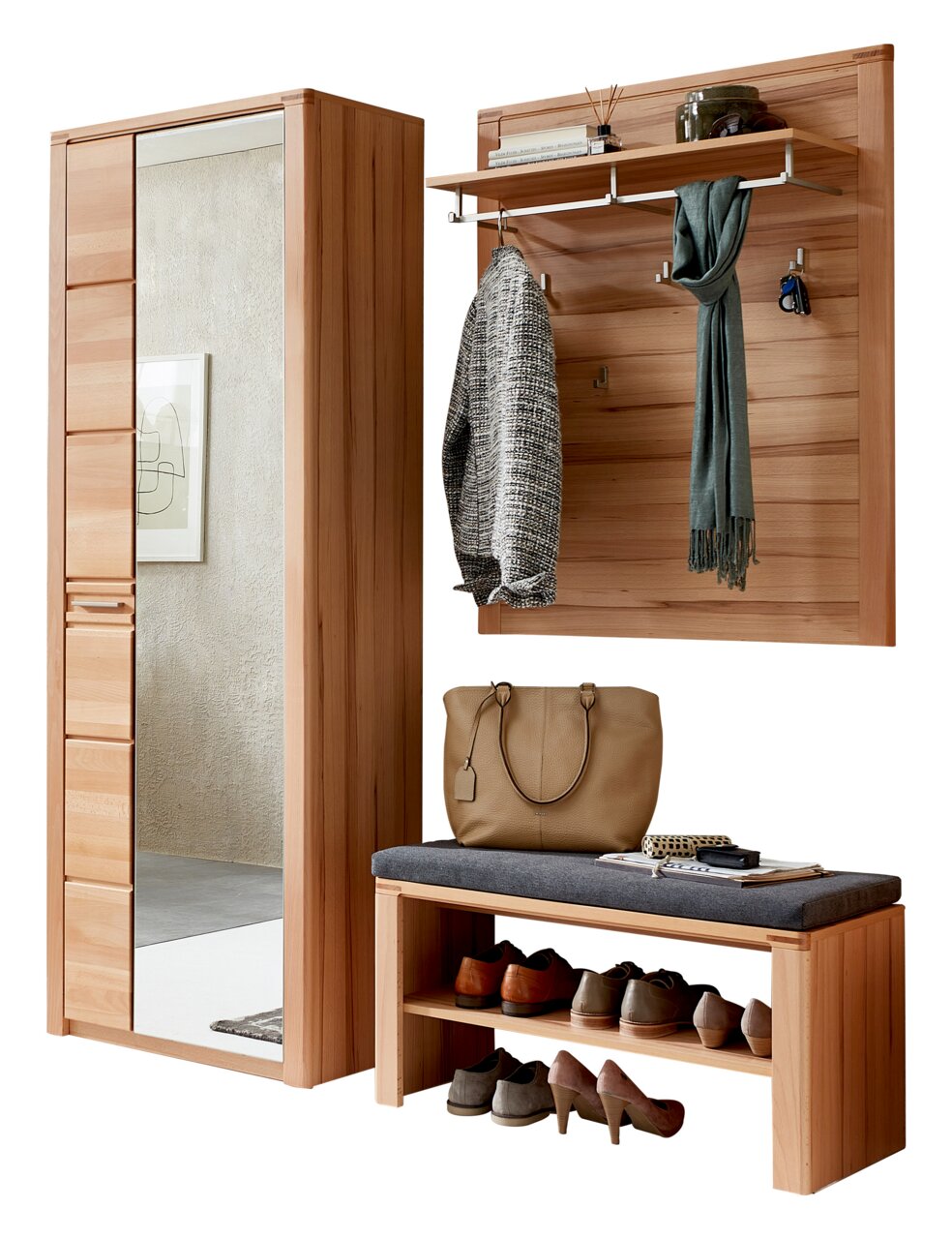 Linea Natura Garderobenkombination 1 NATURE ONE Garderobenkombination aus Holz mit Spiegel, Kleiderhaken, Ablage und Sitzbank, seitliche Perspektive