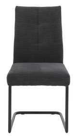 Vorderansicht eines modernen Schwingstuhls mit schwarzem, geripptem Stoffbezug und schwarzem Metallgestell.