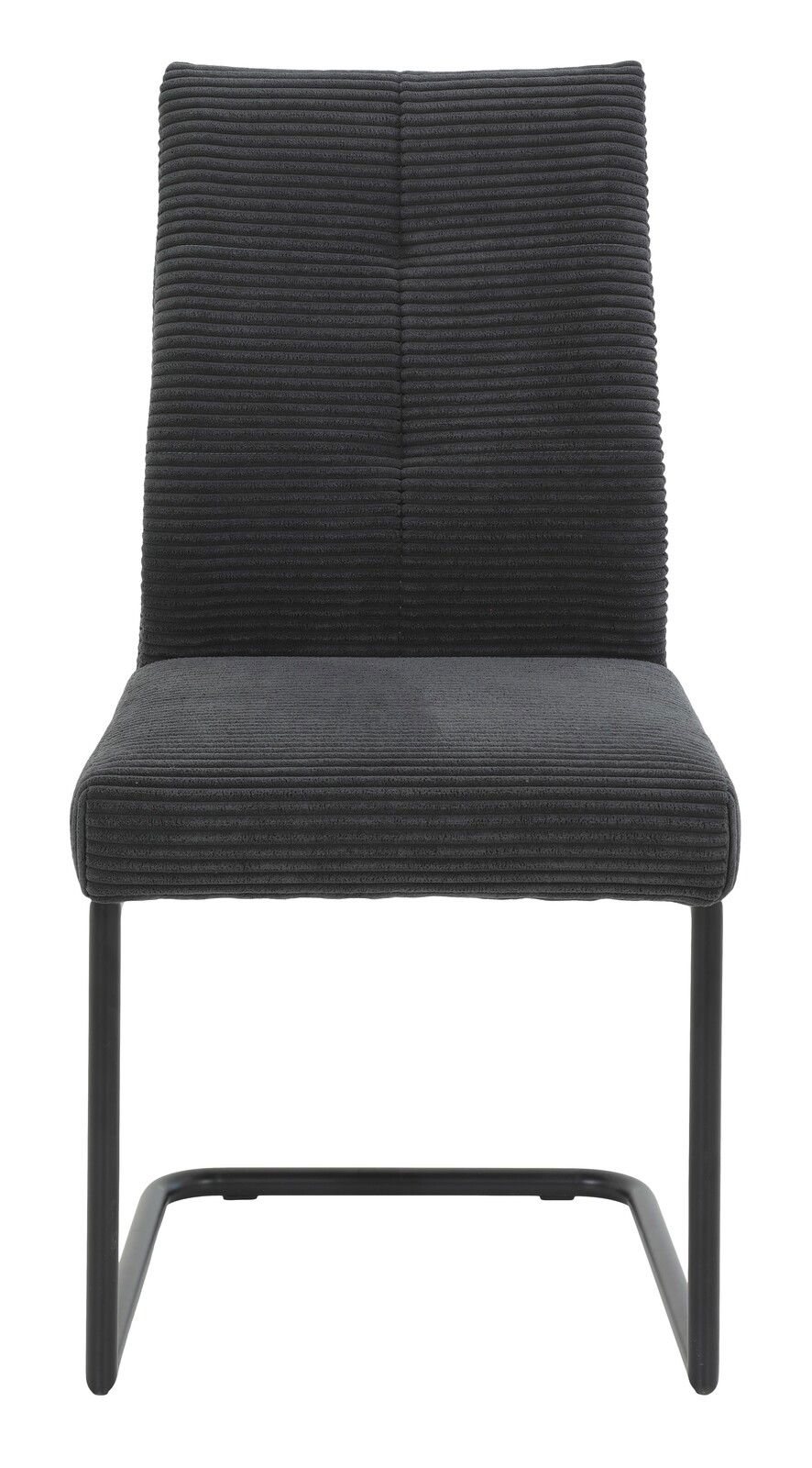 Vorderansicht eines modernen Schwingstuhls mit schwarzem, geripptem Stoffbezug und schwarzem Metallgestell.