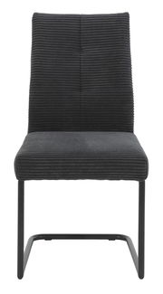 Vorderansicht eines modernen Schwingstuhls mit schwarzem, geripptem Stoffbezug und schwarzem Metallgestell.