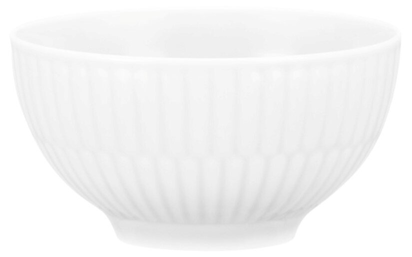 Weiße Dipschale aus Porzellan mit geriffeltem Design, seitliche Perspektive