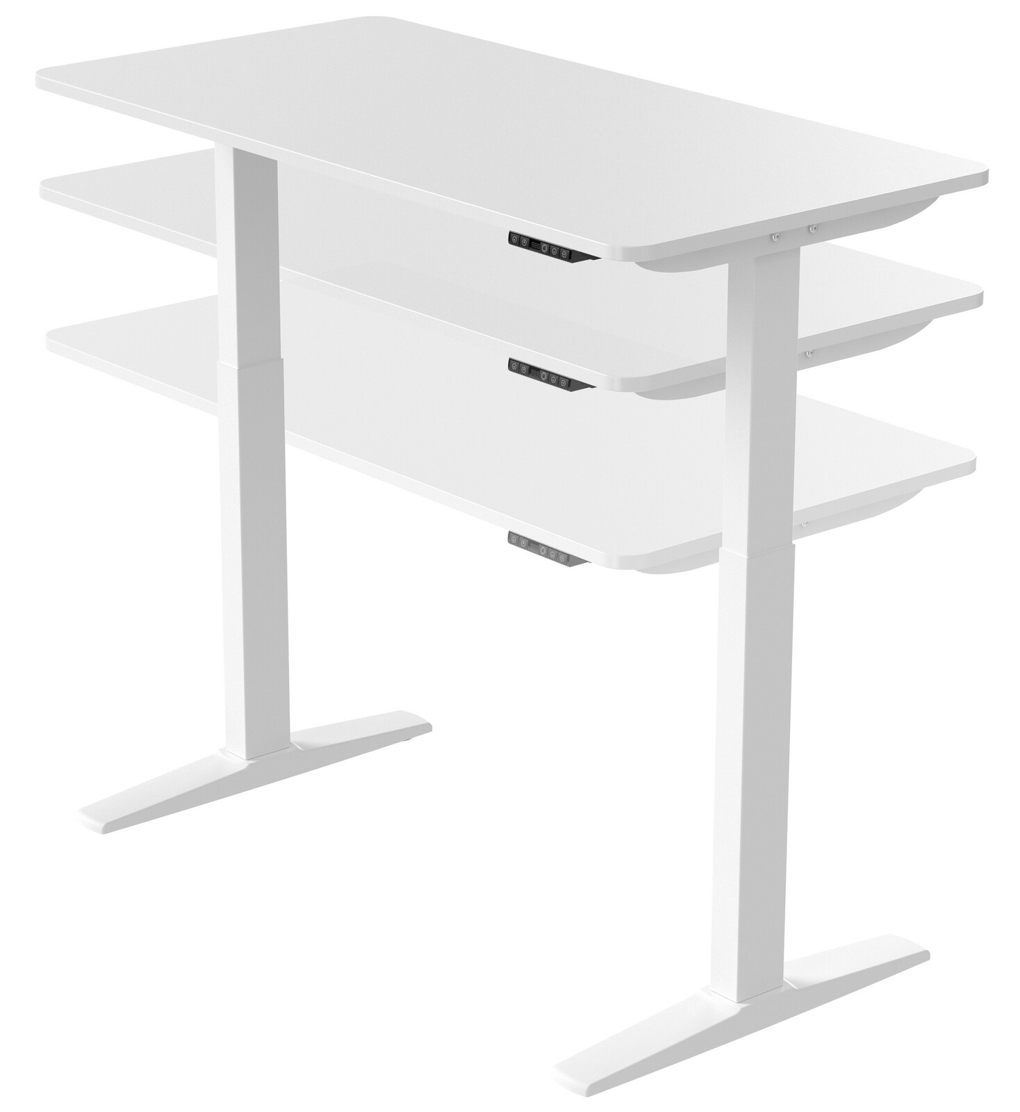 Weißer höhenverstellbarer E-Schreibtisch aus seitlicher Perspektive