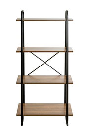 Vierstöckiges Standregal mit Holzablagen und schwarzem Metallrahmen im Industrial-Stil, frontale Ansicht auf weißem Hintergrund