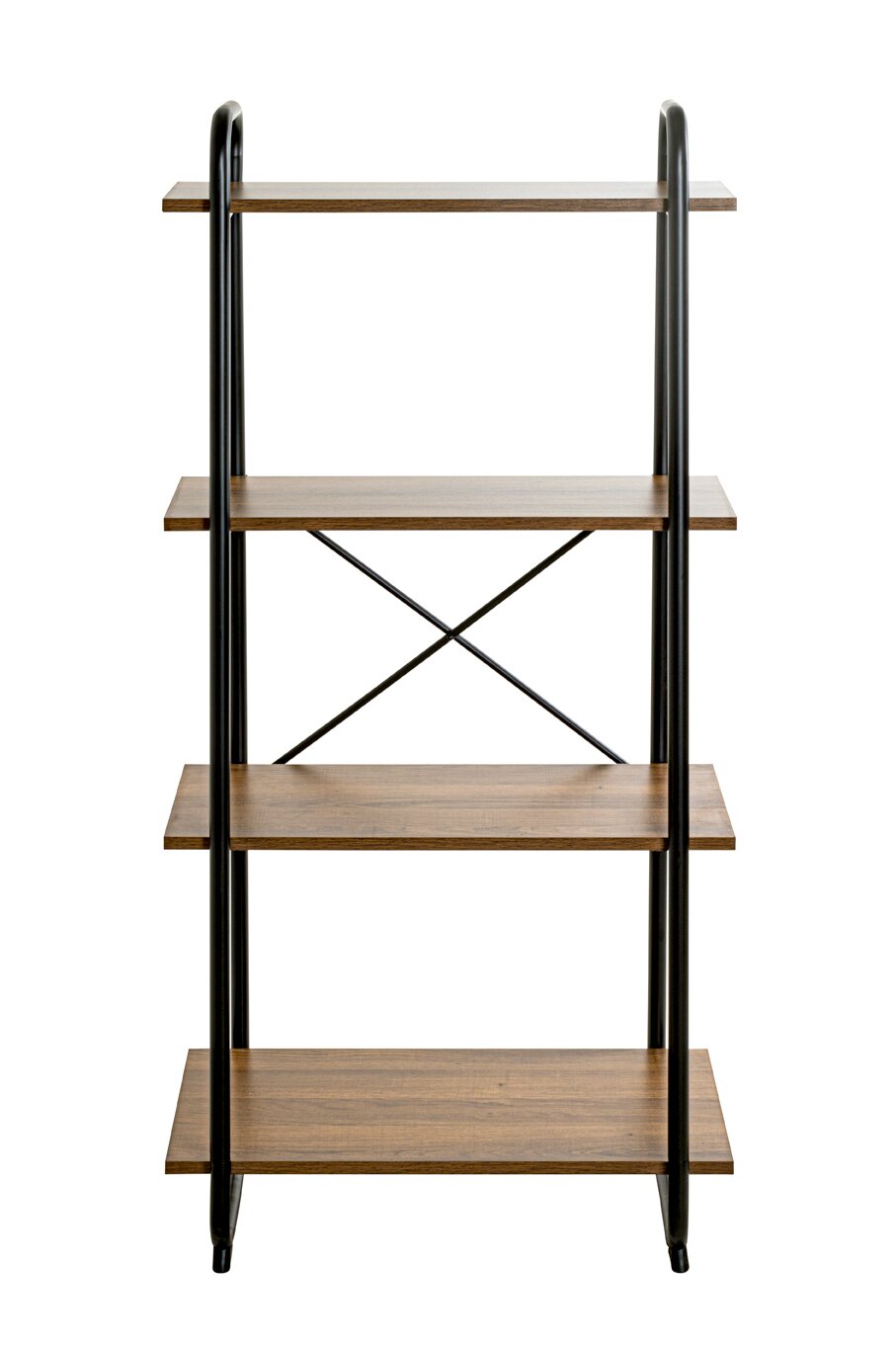 Vierstöckiges Standregal mit Holzablagen und schwarzem Metallrahmen im Industrial-Stil, frontale Ansicht auf weißem Hintergrund