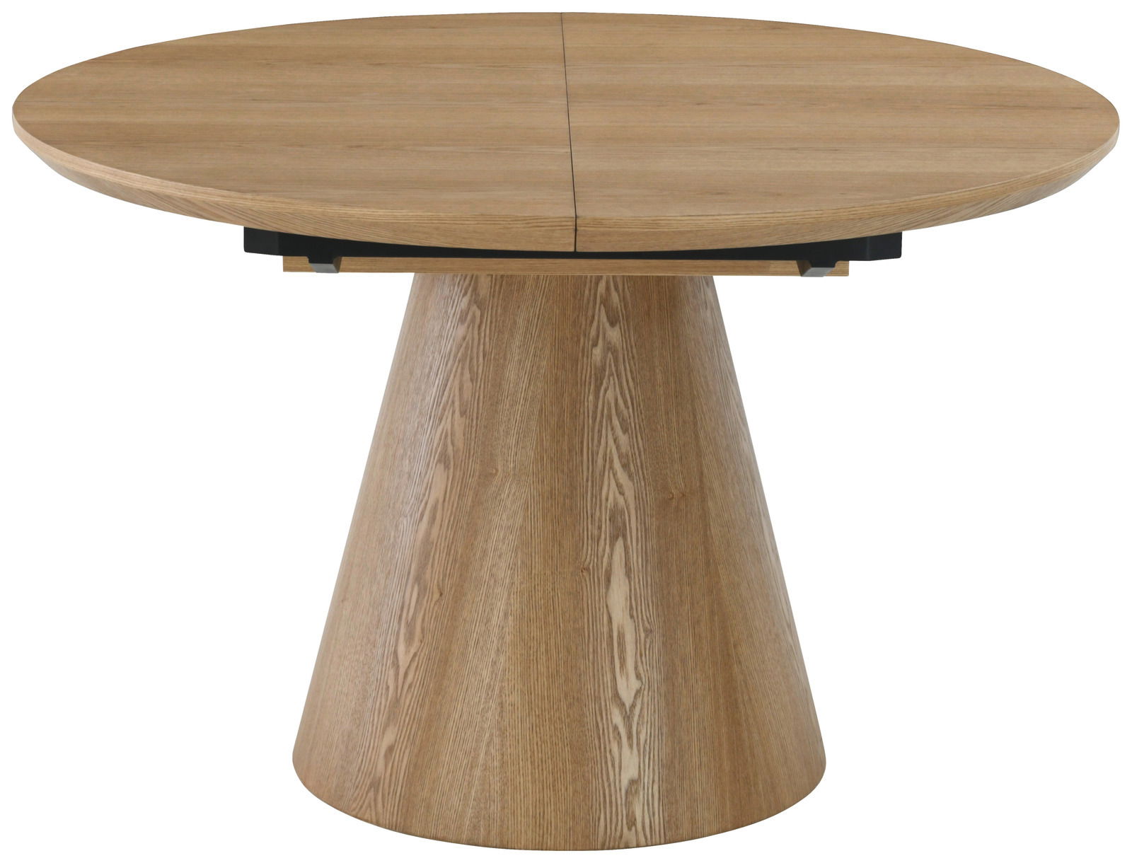 Runder Esstisch aus Holz mit konischem Sockel, Frontalansicht