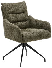 Grüner Armlehnstuhl mit weichem Stoffbezug und schwarzem Metallgestell, seitliche Perspektive