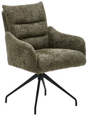 Grüner Armlehnstuhl mit weichem Stoffbezug und schwarzem Metallgestell, seitliche Perspektive