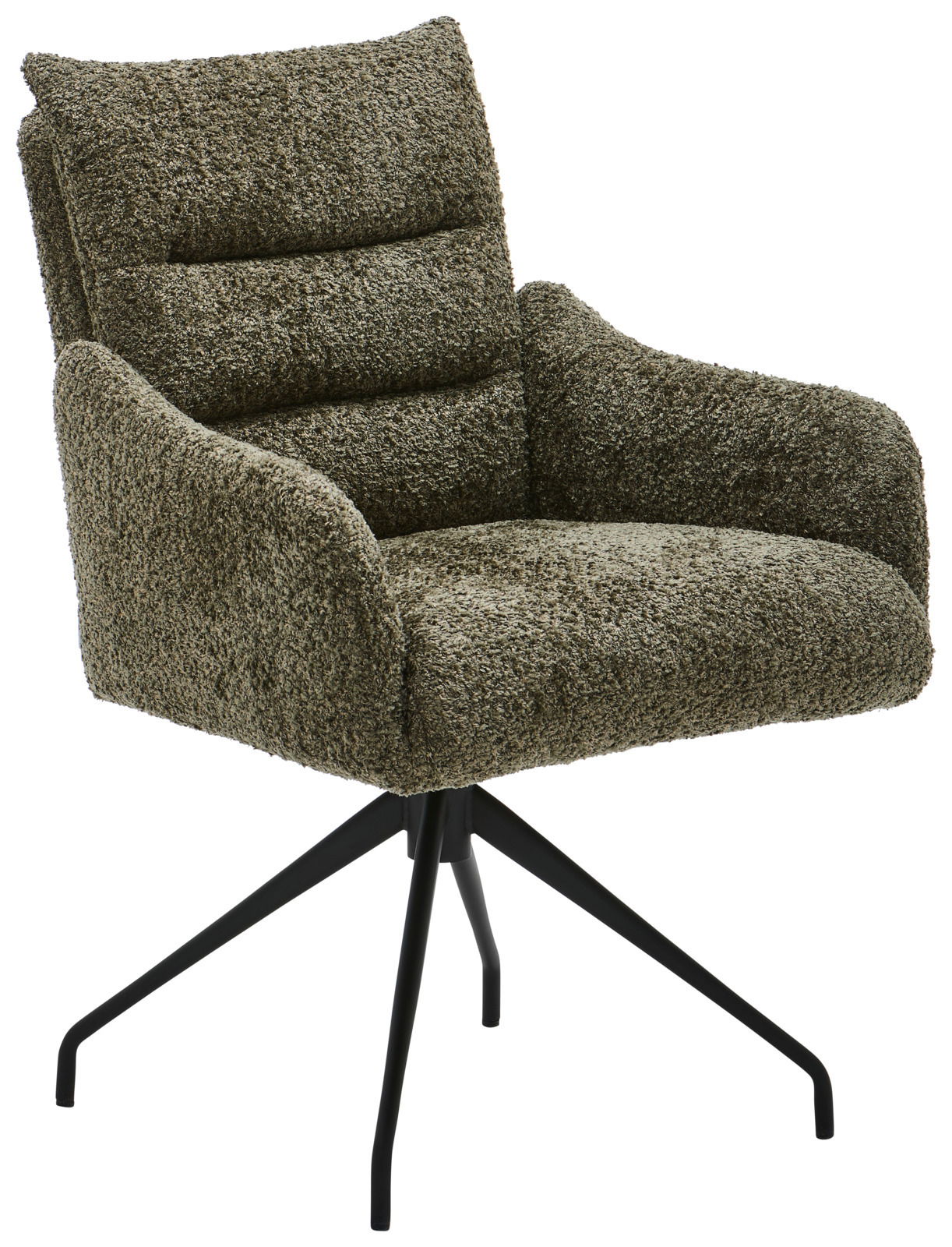Grüner Armlehnstuhl mit weichem Stoffbezug und schwarzem Metallgestell, seitliche Perspektive