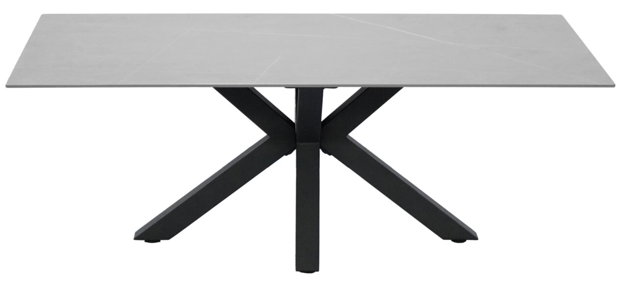 Moderner Couchtisch mit rechteckiger grauer Tischplatte und schwarzem Kreuzfußgestell, seitliche Perspektive