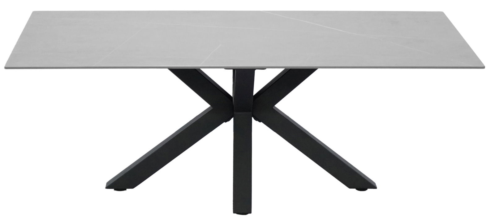 Moderner Couchtisch mit rechteckiger grauer Tischplatte und schwarzem Kreuzfußgestell, seitliche Perspektive