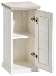 Beistelltisch mit einer Tür, geöffnet, aus hellem Holz, seitliche Perspektive