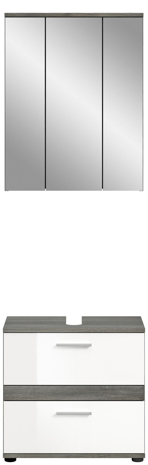Badezimmerschrank-Kombination mit dreitürigem Spiegelschrank und Unterschrank mit zwei Schubladen, Frontalansicht