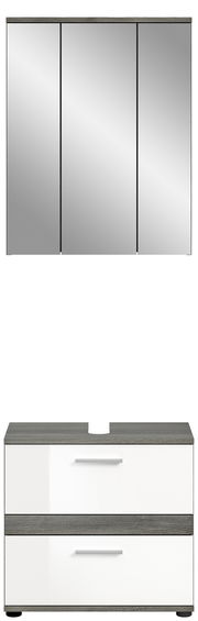 Badezimmerschrank-Kombination mit dreitürigem Spiegelschrank und Unterschrank mit zwei Schubladen, Frontalansicht