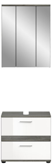 Badezimmerschrank-Kombination mit dreitürigem Spiegelschrank und Unterschrank mit zwei Schubladen, Frontalansicht