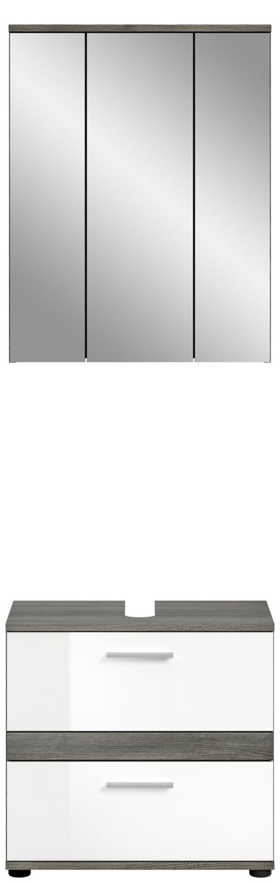Badezimmerschrank-Kombination mit dreitürigem Spiegelschrank und Unterschrank mit zwei Schubladen, Frontalansicht