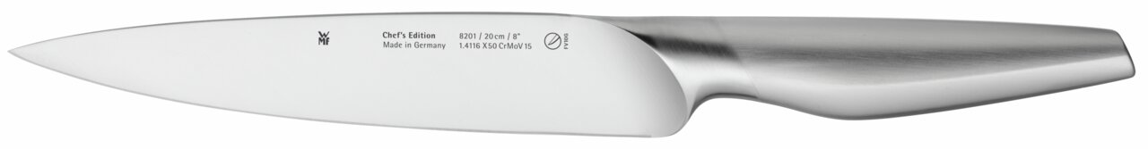 Küchenmesser aus der Chef's Edition, seitliche Ansicht, Edelstahlklinge mit Gravur, ergonomischer Griff, 20 cm Länge.