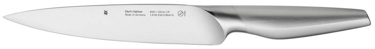 Küchenmesser aus der Chef's Edition, seitliche Ansicht, Edelstahlklinge mit Gravur, ergonomischer Griff, 20 cm Länge.