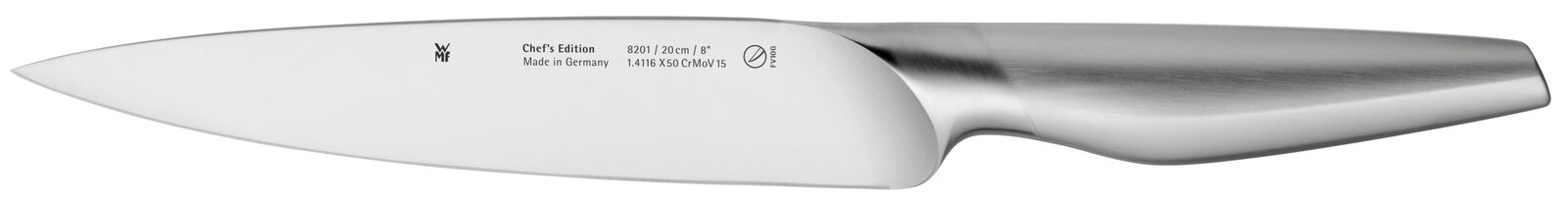 Küchenmesser aus der Chef's Edition, seitliche Ansicht, Edelstahlklinge mit Gravur, ergonomischer Griff, 20 cm Länge.