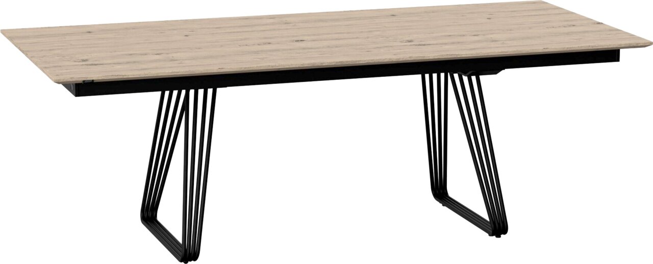 JOOP! Esstisch STUDIO G63 Rechteckiger Esstisch mit heller Holzoptik-Tischplatte und schwarzen Metallkufen, schräg von vorne in leichter Aufsicht freigestellt