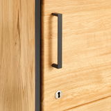 Nahaufnahme eines Aktenschranks mit Holzmaserung, schwarzem Griff und Schlüsselloch, Perspektive von vorne.