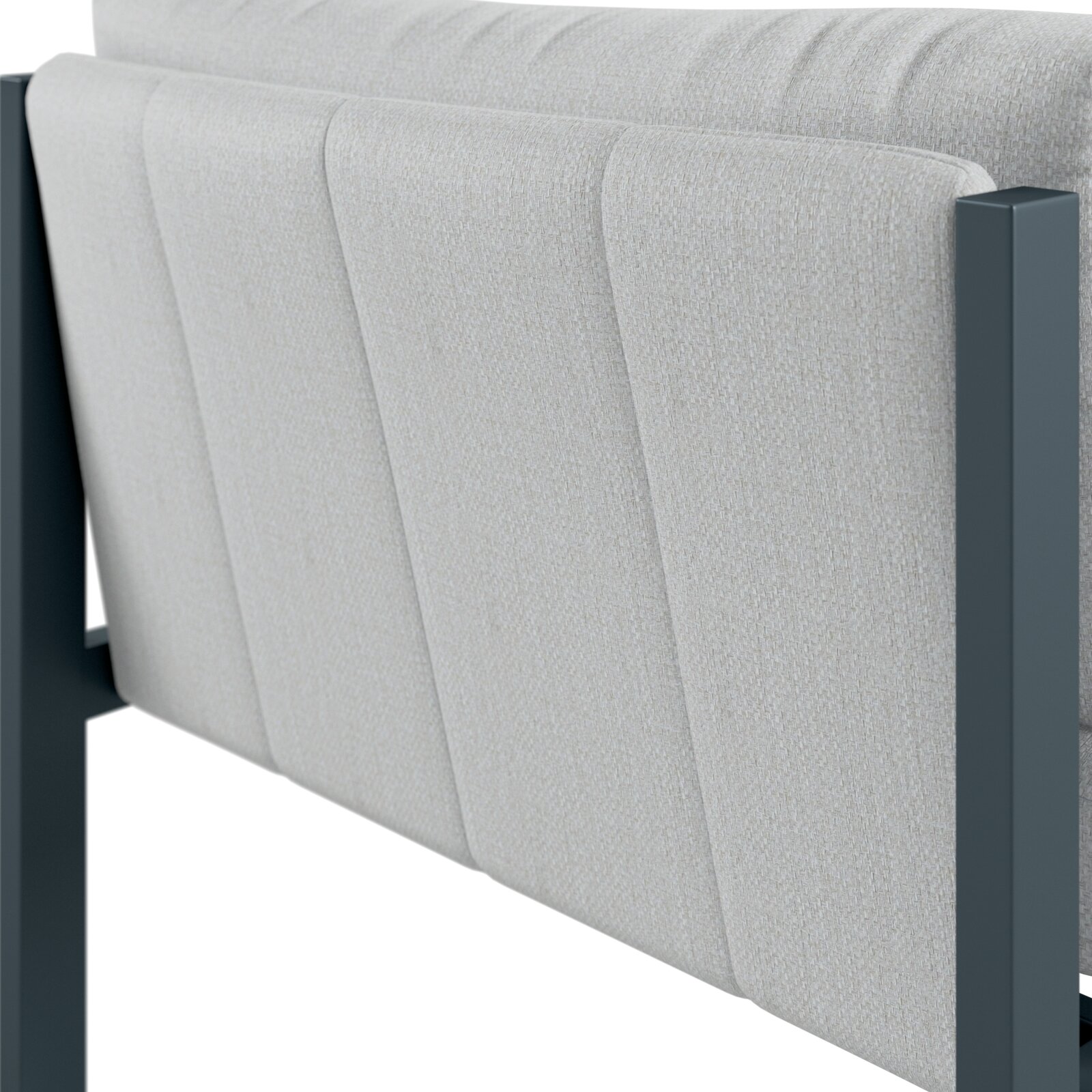 Rückansicht eines Lounge-Sofas ohne Armteil mit grauem Stoffbezug und dunklem Metallrahmen.
