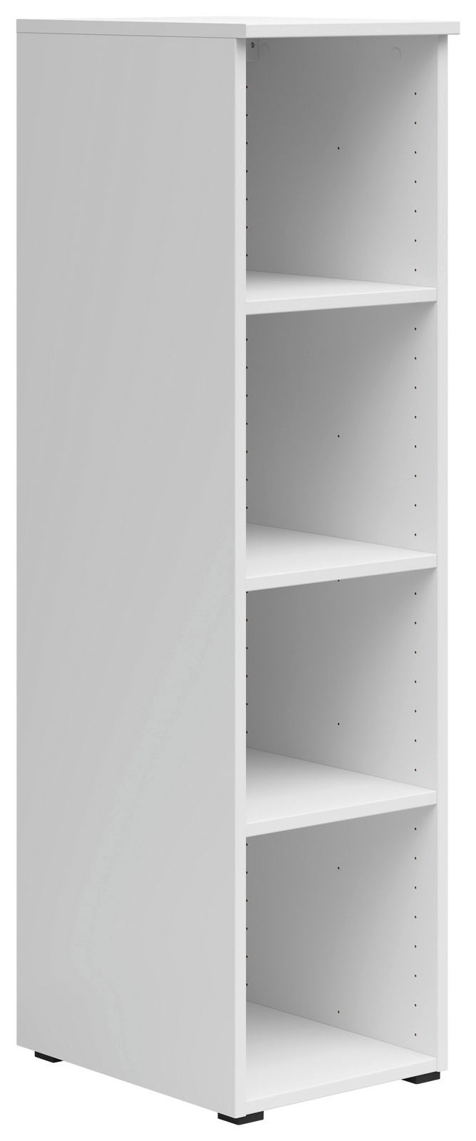 Weißes Regal mit vier offenen Fächern, seitliche Perspektive