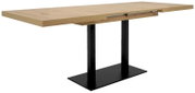 Moderne eettafel met houten blad en zwart metalen onderstel, zijaanzicht