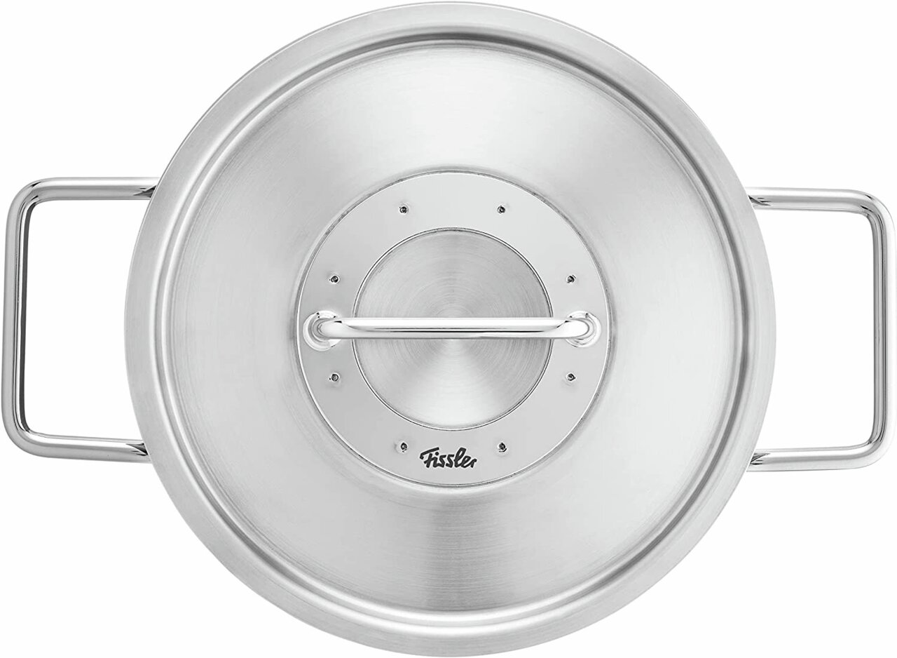 Topfdeckel aus Edelstahl mit zwei Griffen, Draufsicht