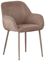 Brauner Armlehnstuhl mit geripptem Stoffbezug und Metallbeinen, seitliche Perspektive