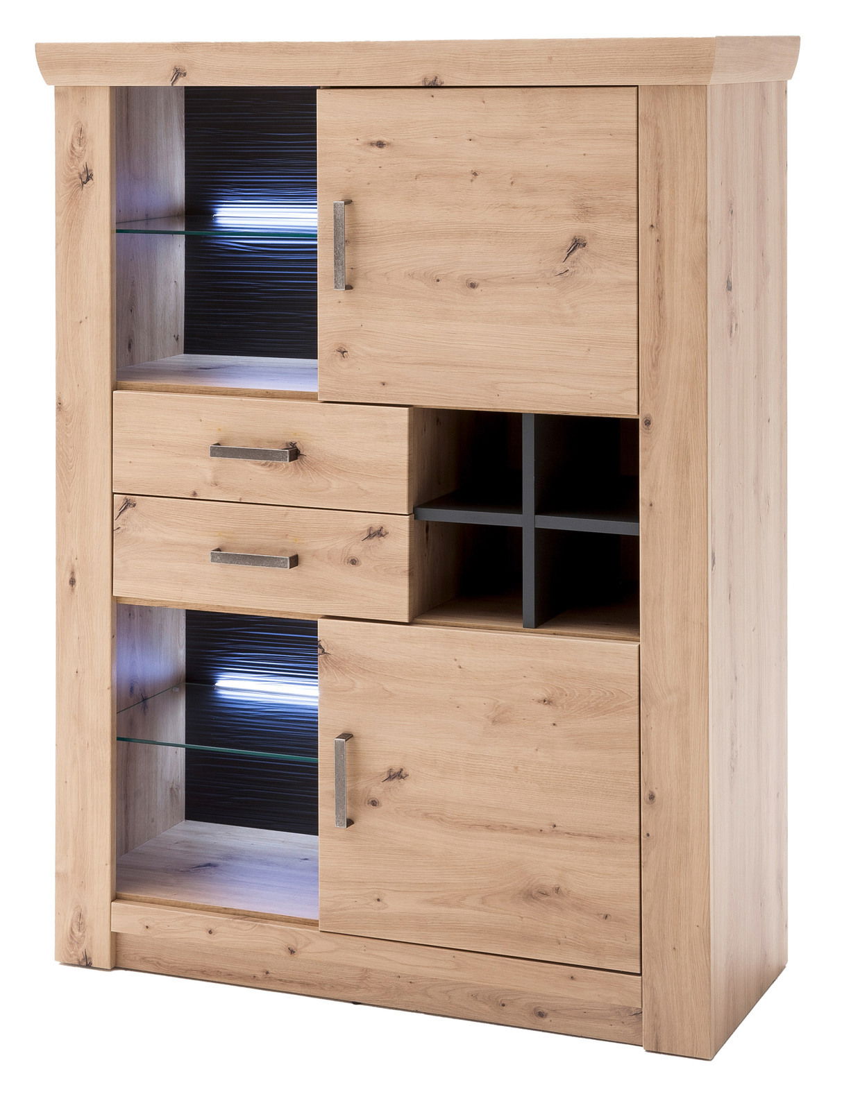 Landscape Highboard BRUNECK Helles Holz-Highboard mit Schubladen, Türen und offenen Fächern, seitliche Perspektive