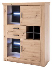Helles Holz-Highboard mit Schubladen, Türen und offenen Fächern, seitliche Perspektive