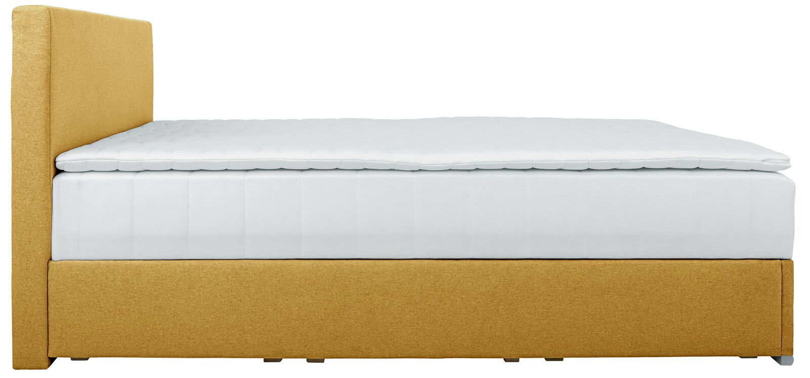 Seitliche Ansicht eines Boxbetts in Gelb mit weißer Matratze und gepolstertem Kopfteil.