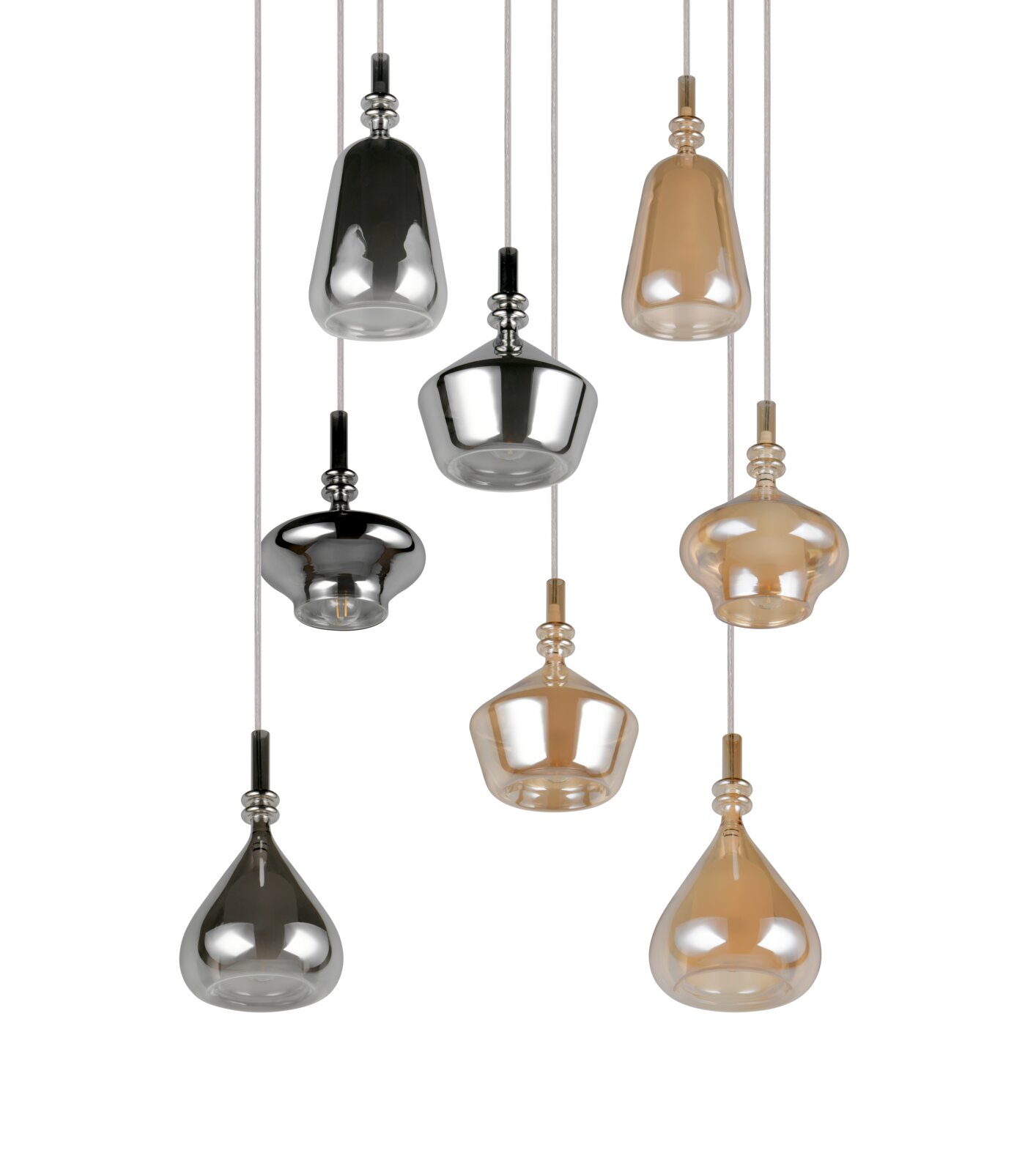 Mehrflammige Pendelleuchte mit sieben hängenden Glasschirmen in Rauchgrau und Amber, verschiedene bauchige und tropfenförmige Designs, Ansicht von vorne auf weißem Hintergrund