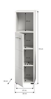 Weißer Standschrank mit drei offenen Fächern und einer Tür, Maße: 110 cm hoch, 30 cm breit, 30 cm tief, Frontansicht.