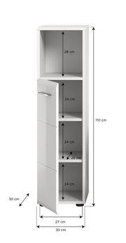 Weißer Standschrank mit drei offenen Fächern und einer Tür, Maße: 110 cm hoch, 30 cm breit, 30 cm tief, Frontansicht.