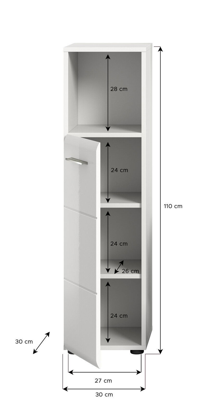 Weißer Standschrank mit drei offenen Fächern und einer Tür, Maße: 110 cm hoch, 30 cm breit, 30 cm tief, Frontansicht.