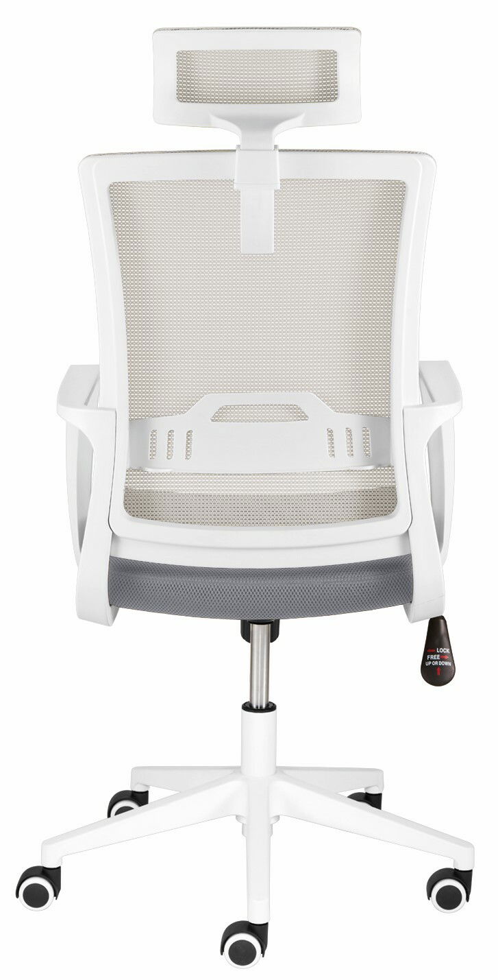 Rückansicht eines weißen Drehstuhls mit Netzrückenlehne und Kopfstütze