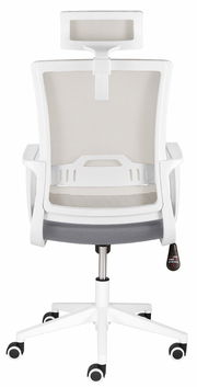 Rückansicht eines weißen Drehstuhls mit Netzrückenlehne und Kopfstütze