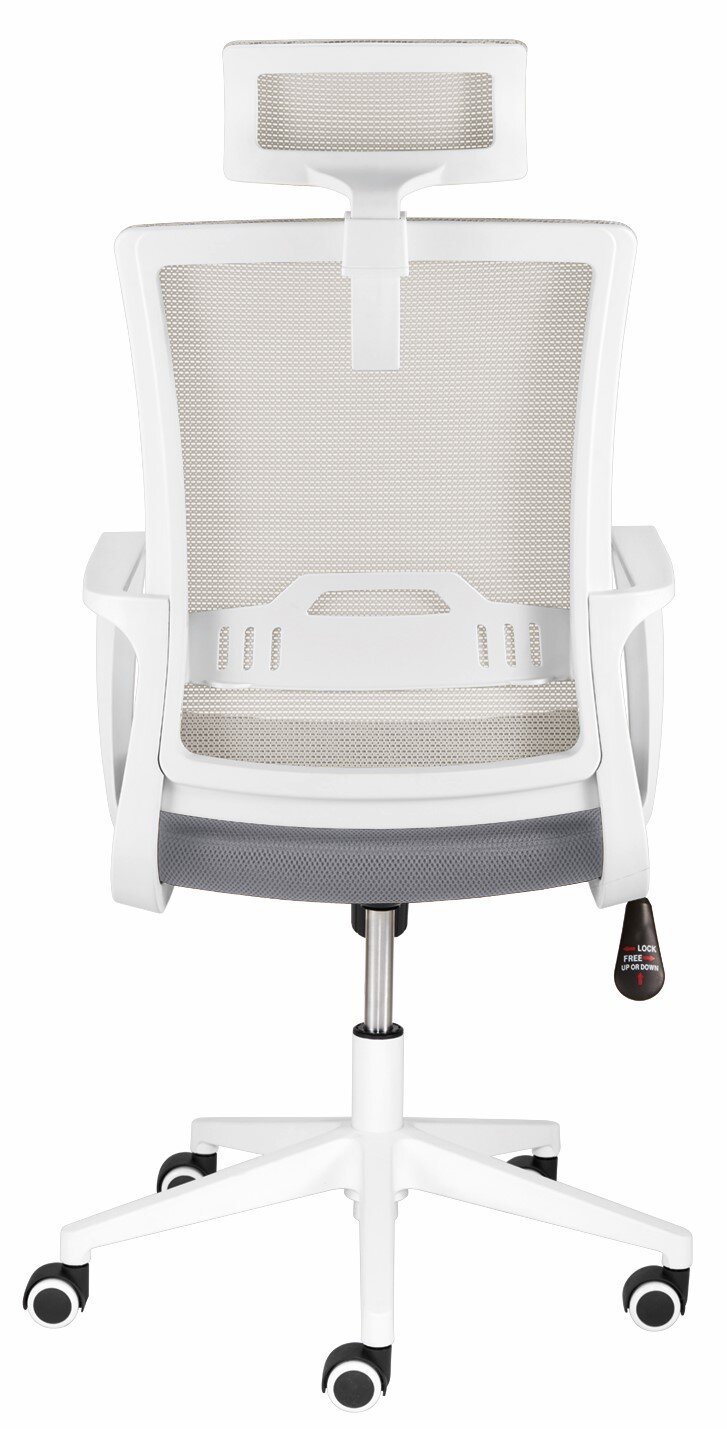 Rückansicht eines weißen Drehstuhls mit Netzrückenlehne und Kopfstütze