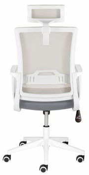 Rückansicht eines weißen Drehstuhls mit Netzrückenlehne und Kopfstütze