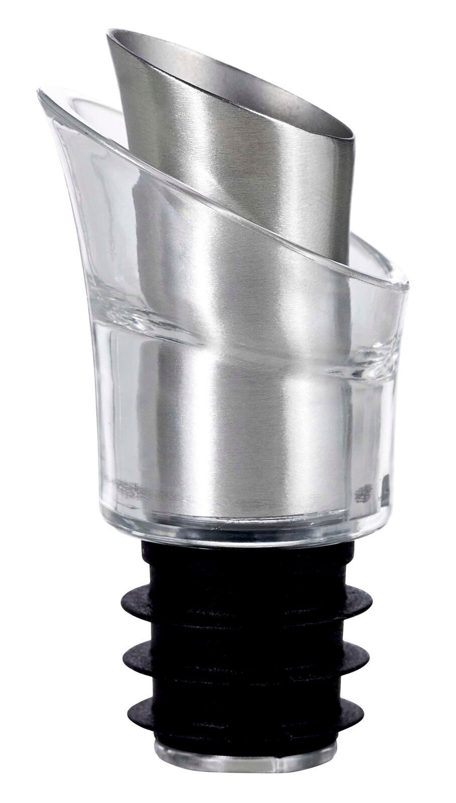 Ad Hoc Ausgießer MULTIPOUR Nahaufnahme eines Ausgießers und Verschlusses aus Metall und Kunststoff, seitliche Perspektive