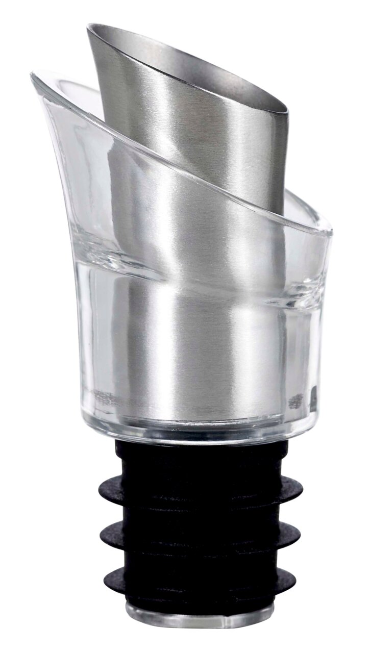 Ad Hoc Ausgießer MULTIPOUR Nahaufnahme eines Ausgießers und Verschlusses aus Metall und Kunststoff, seitliche Perspektive