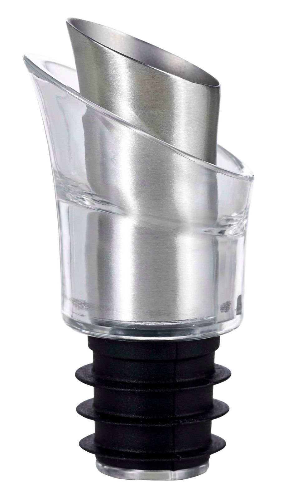 Nahaufnahme eines Ausgießers und Verschlusses aus Metall und Kunststoff, seitliche Perspektive