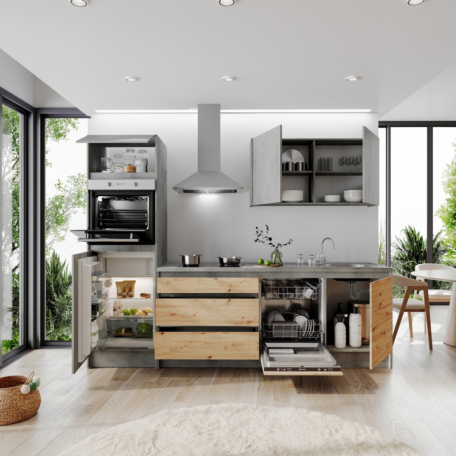 Moderne keukenblok met open kasten en apparatuur, vooraanzicht