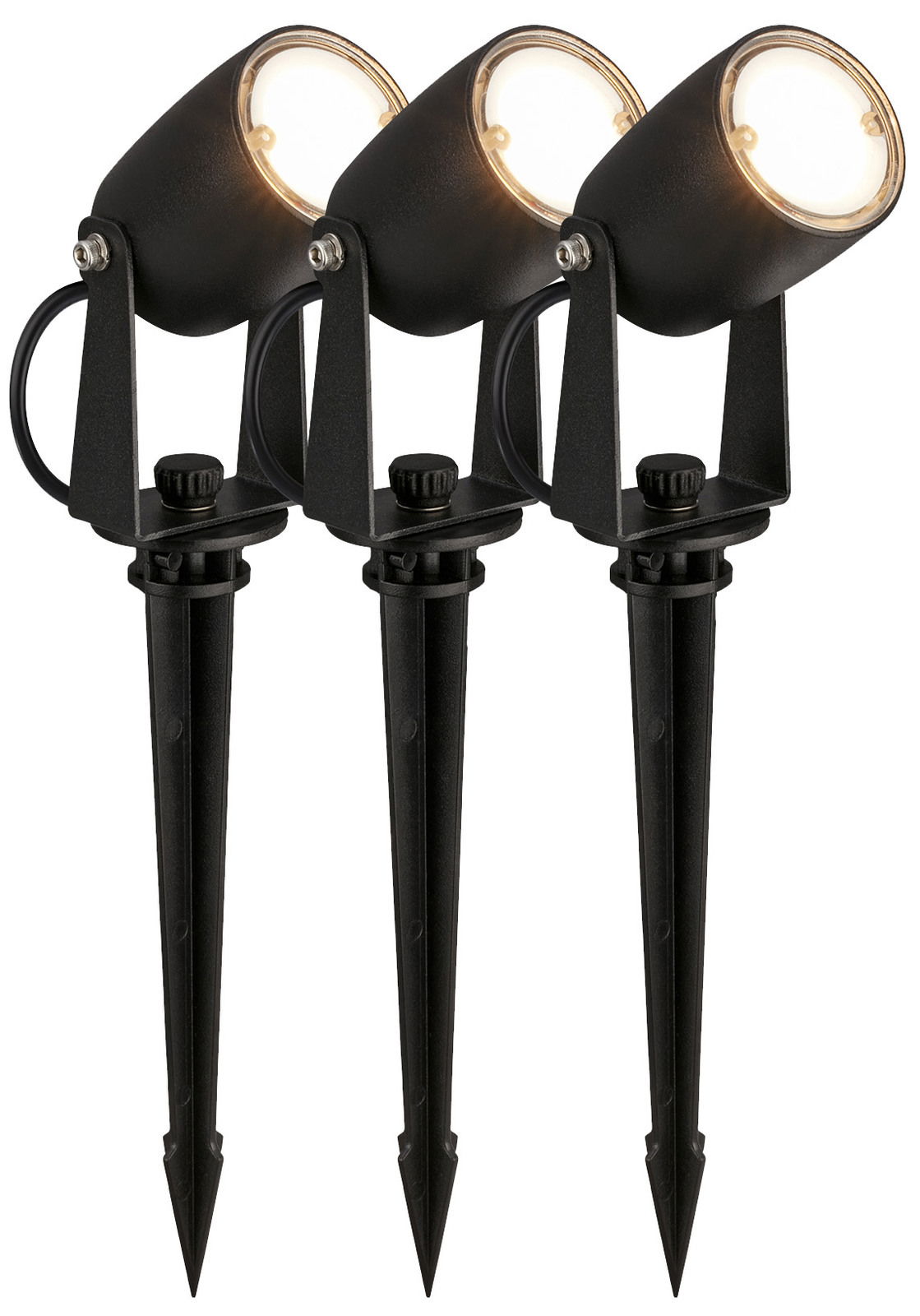 Drei schwarze Bodenspikes mit integrierten LED-Leuchten, seitliche Perspektive