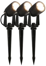 Drei schwarze Bodenspikes mit integrierten LED-Leuchten, seitliche Perspektive