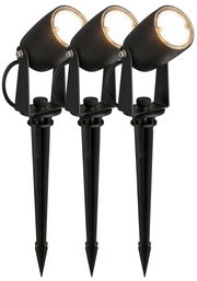 Drei schwarze Bodenspikes mit integrierten LED-Leuchten, seitliche Perspektive